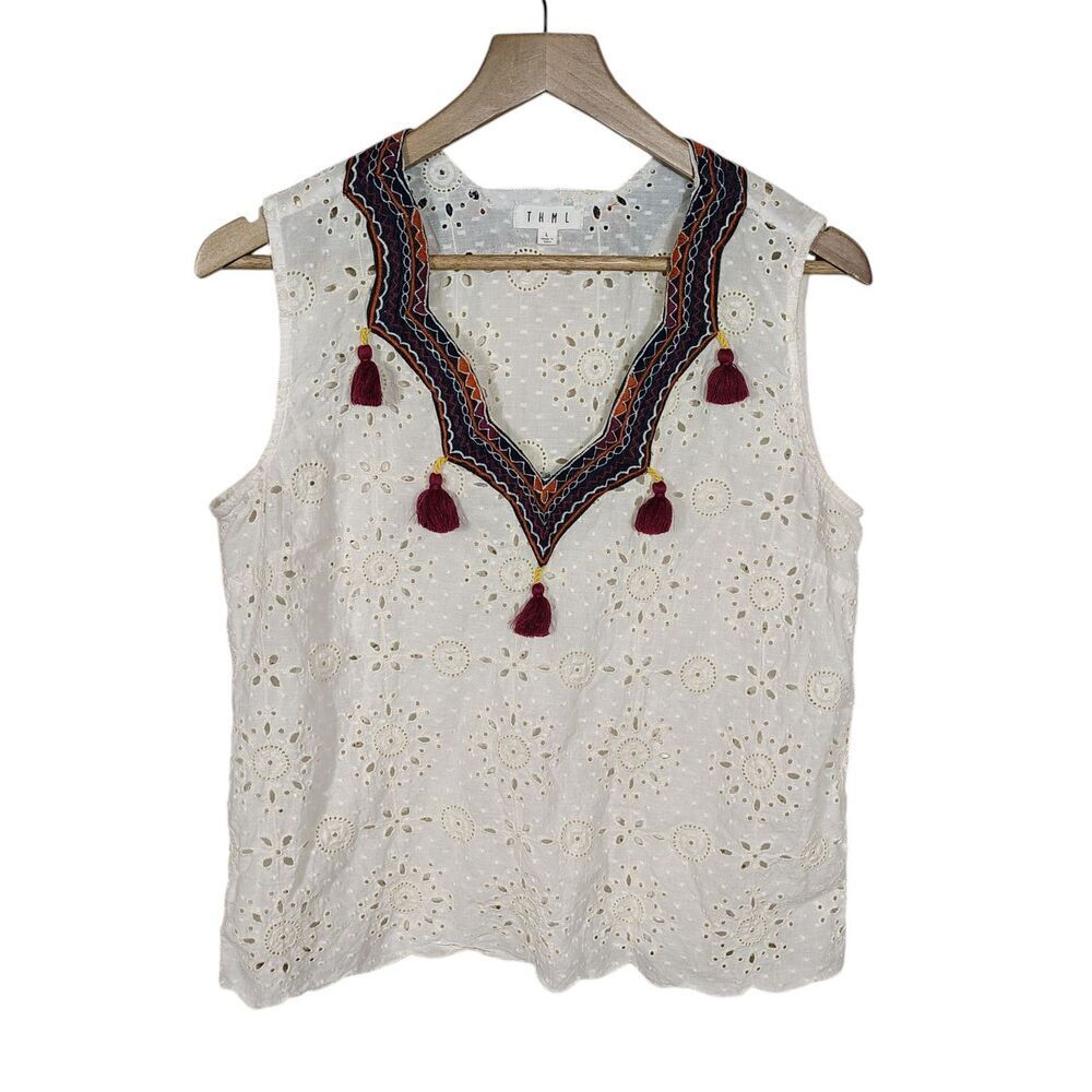THML Womens Boho Eyelet Tassel Blouse Size L Embroidered Festival Top Cream